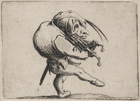 KG 10816
<br/>
Dwerg met bochel speelt viool op rooster ("Gebochelden")
<br/>
<em>Callot, Jacques (1592 - 1635)</em>